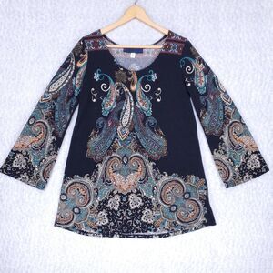 Blue Rain Mini Dress Wmns Large Black Boho Floral Paisley 70s Tunic Hippie